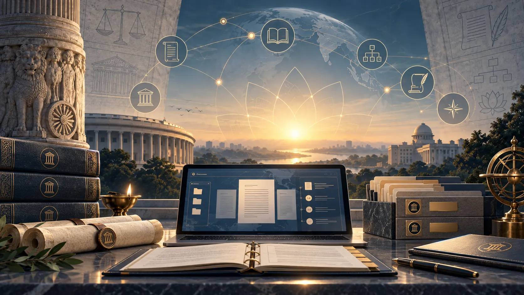 Constitutional documents and a tablet on a desk at sunrise