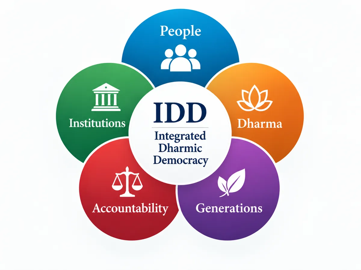 IDD framework diagram: People, Dharma, Generations, Accountability and Institutions around Integrated Dharmic Democracy